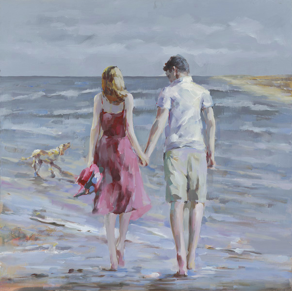PXYW570B Wall décor art oil on canvas seascape couple walking blue white tones